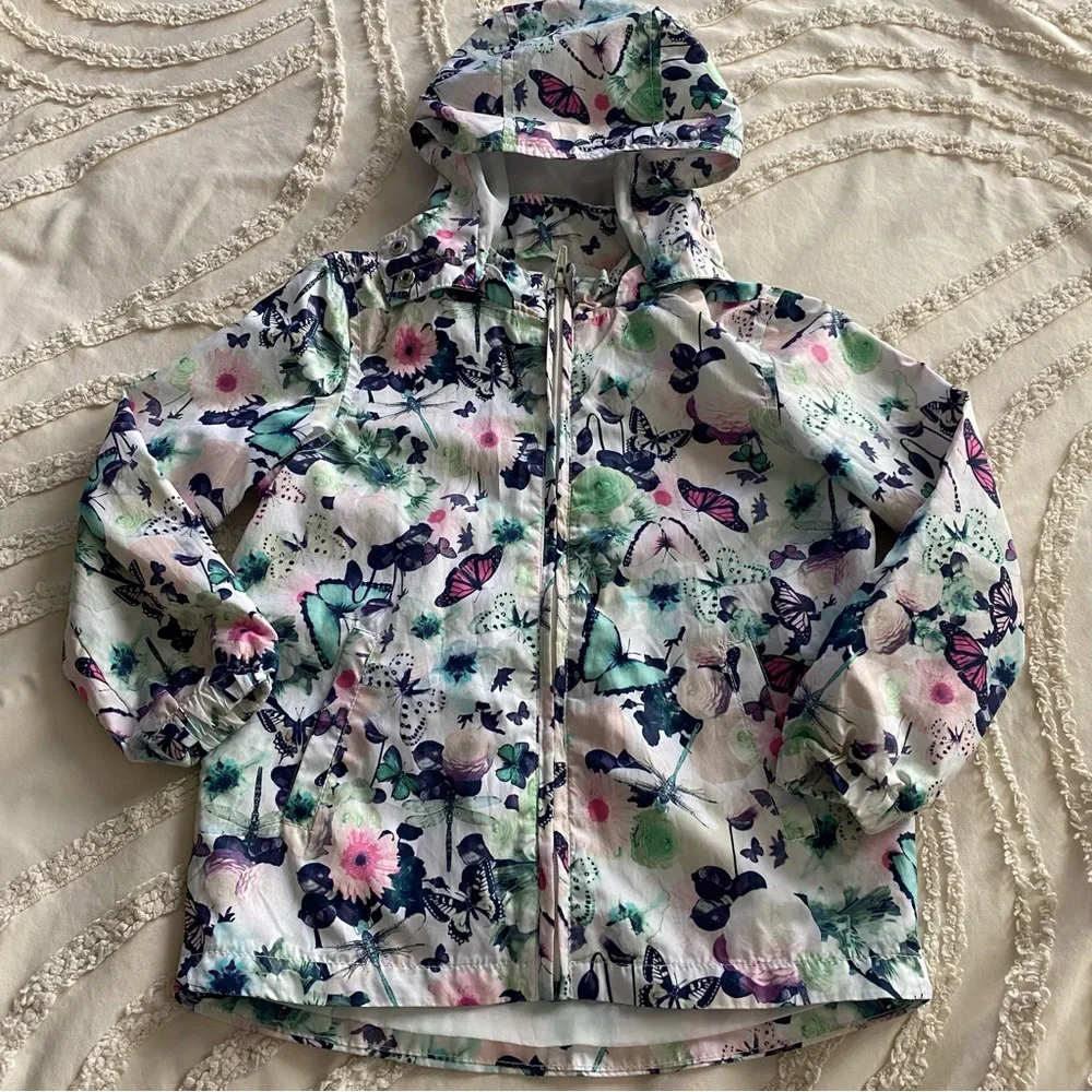 H&M White Floral & Butterfly Hooded Windbreaker